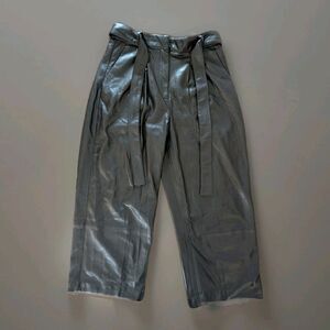MNG Mango Faux Leather Pants Womens 6 Brown Belted Wide Leg Club Goth